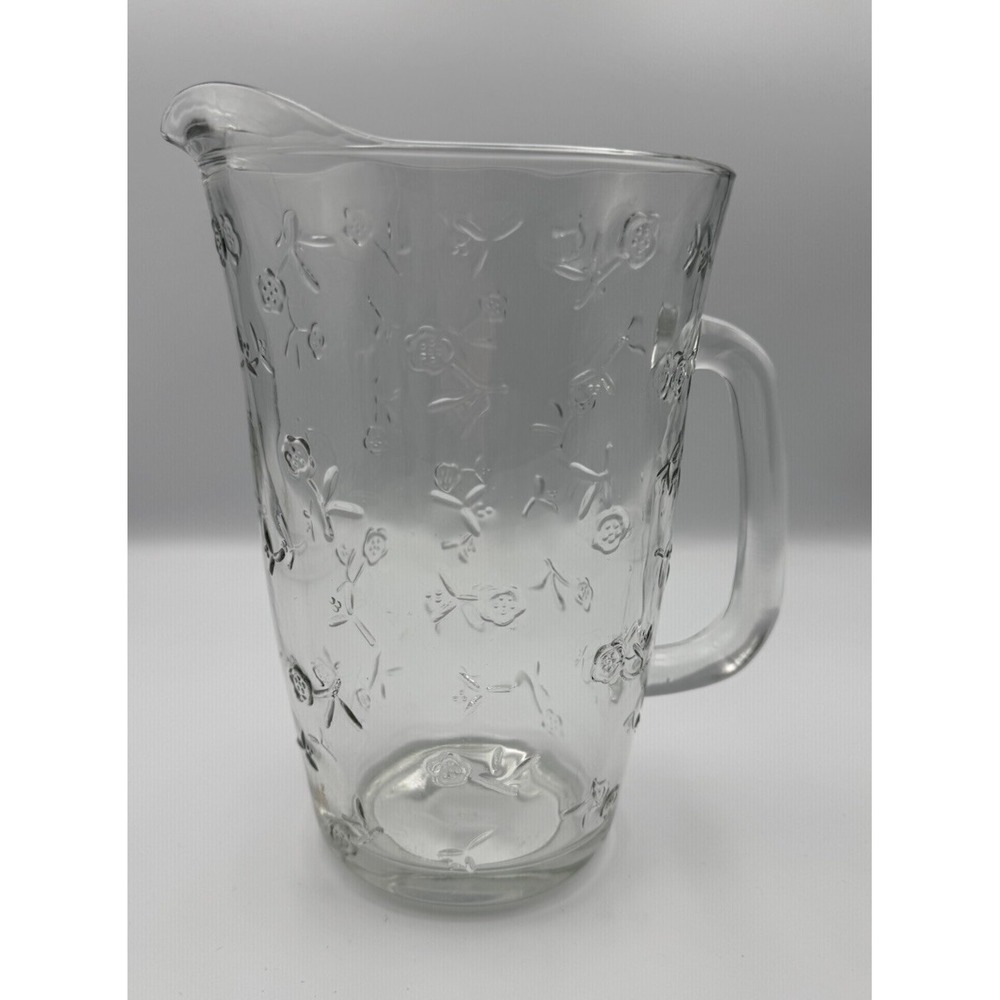Anchor Hocking Savannah Clear Glass Embossed Roses Flowers Water Pitcher
